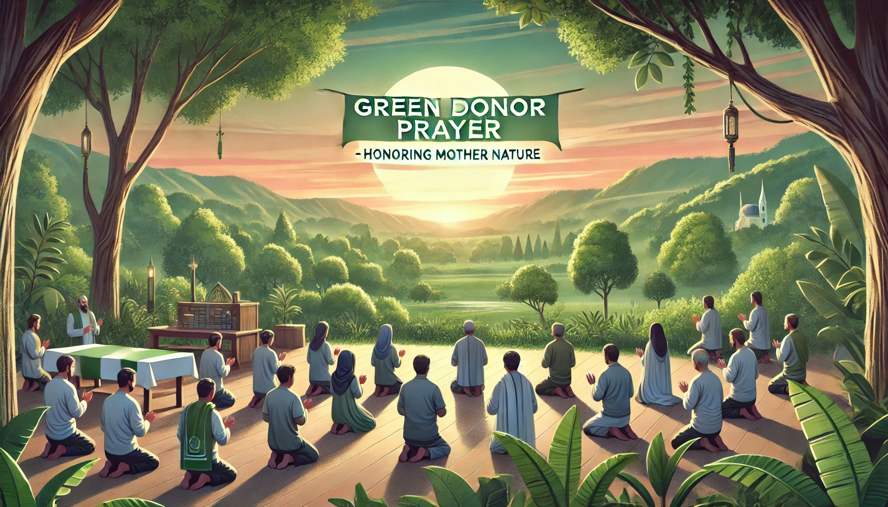 Green Donor Prayer the Green Donor Prayer being recited in a serene outdoor setting at 6_00 PM. The scene should include individuals gat